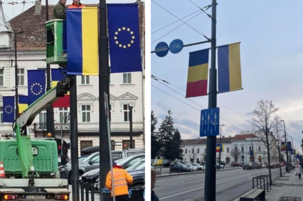 VIDEO. Drapelul Ucrainei ridicat in centrul Clujului in semn de solidaritate