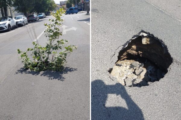Crater de jumatate de metru aparut pe o strada din Cluj. Clujenii au pus o creanga pentru a evita accidentele. GALERIE FOTO
