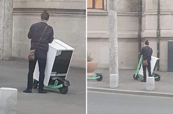 Un tanar din Cluj a gasit o metoda inedita de a transporta un frigider, cu ajutorul unei trotinete.