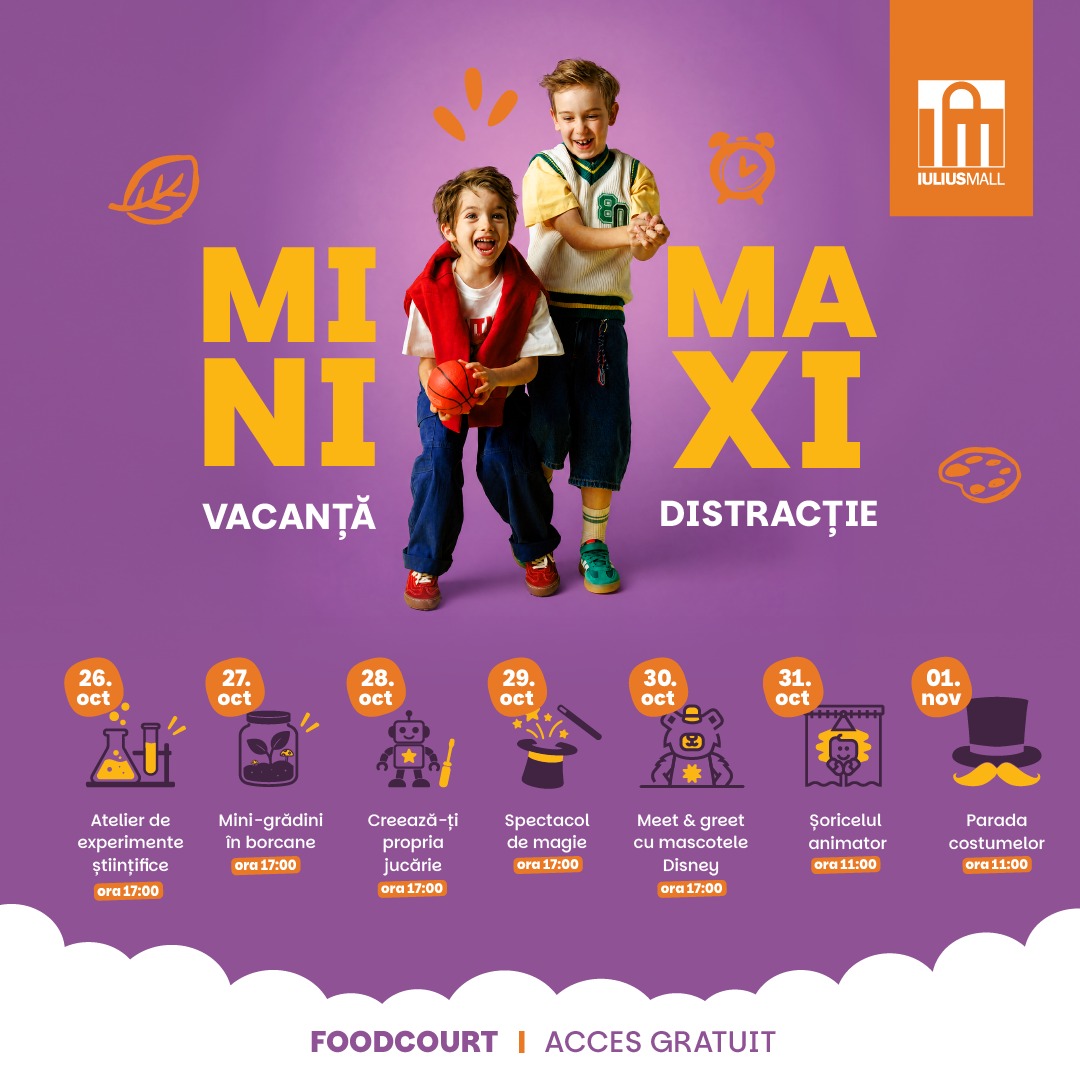 Programul mini-vacanței la Iulius Mall Cluj, 26 octombrie - 1 noiembrie: ateliere, magie, mascote Disney, teatru de păpuși și Parada Costumelor.