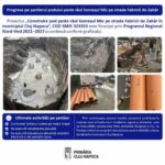 Infografic al Primăriei Cluj-Napoca despre șantierul podului de pe strada Fabricii de Zahăr, cu imagini de la fundația culeei și lucrări la rețele