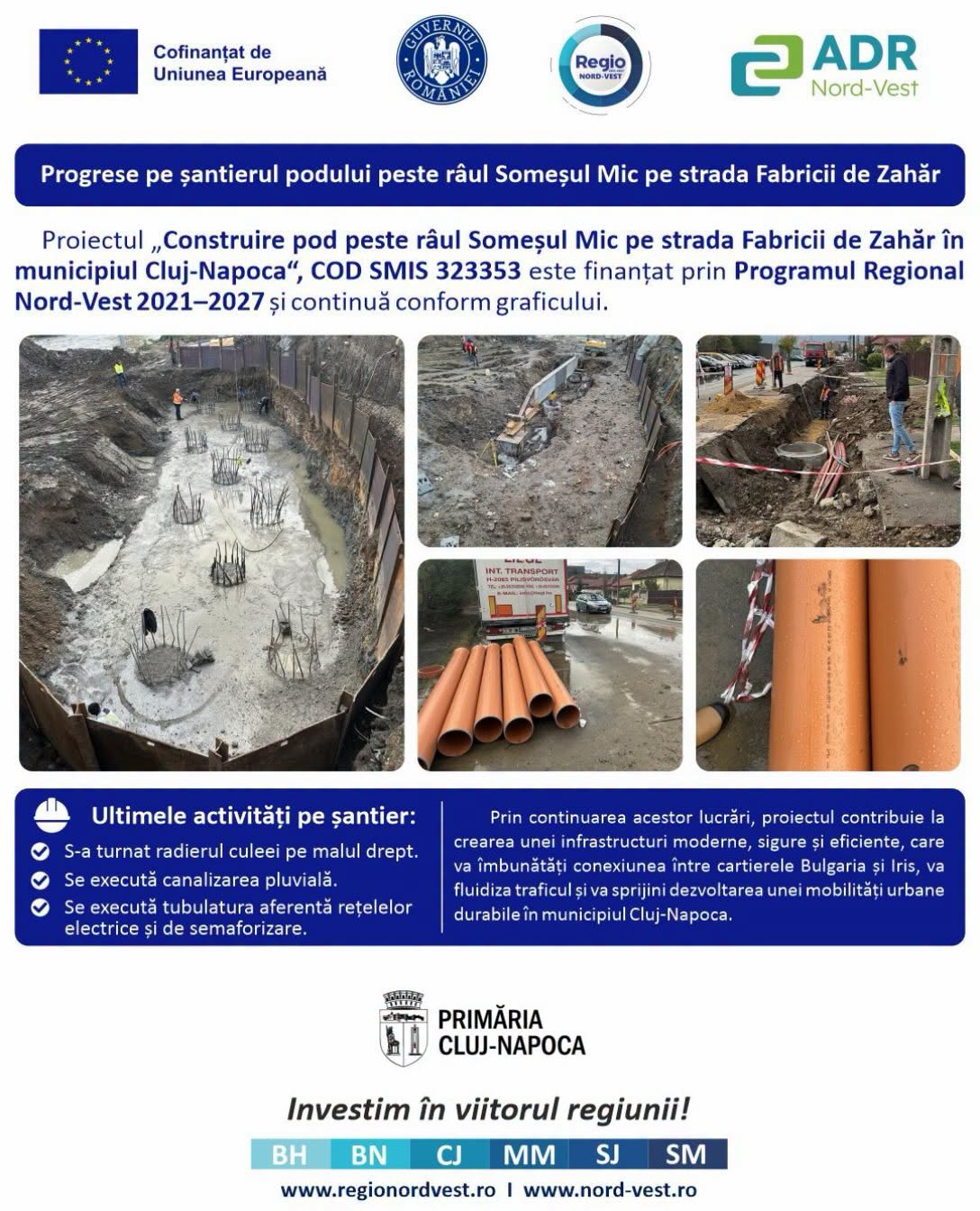 Infografic al Primăriei Cluj-Napoca despre șantierul podului de pe strada Fabricii de Zahăr, cu imagini de la fundația culeei și lucrări la rețele