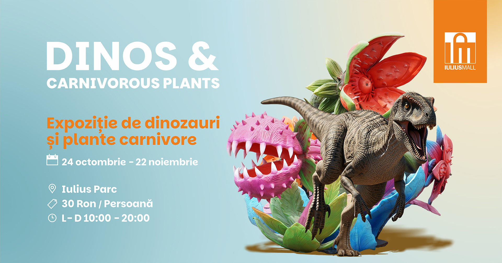 Afișul expoziției de dinozauri și plante carnivore